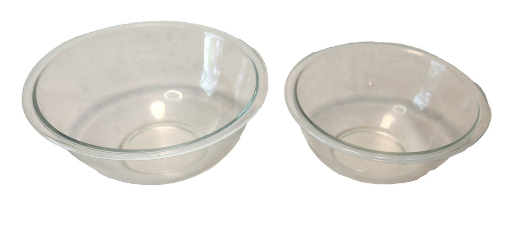 Vintage PYREX #323 & #325 Clear Glass Mixing Bowls 1.5L + 2.5L Made USA Lot of 2